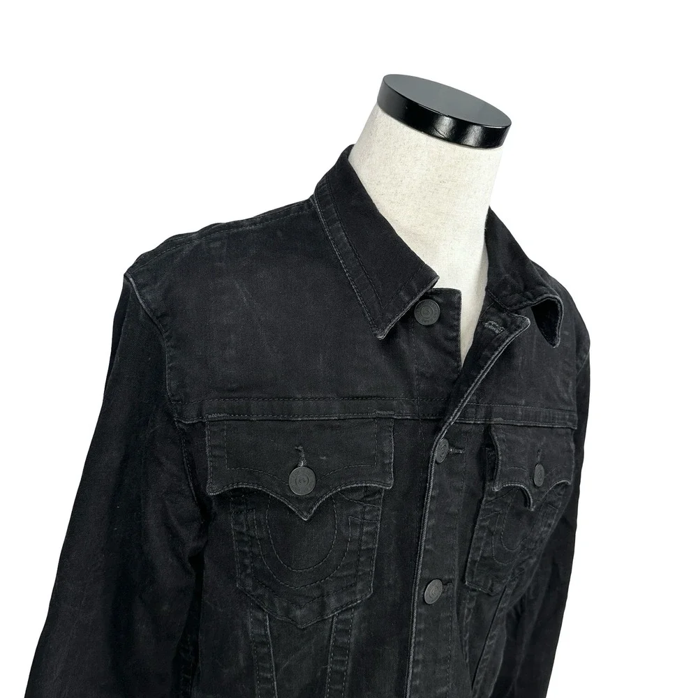 True Religion Mens‎ Black Denim Trucker Jacket Western Button Faded Black L